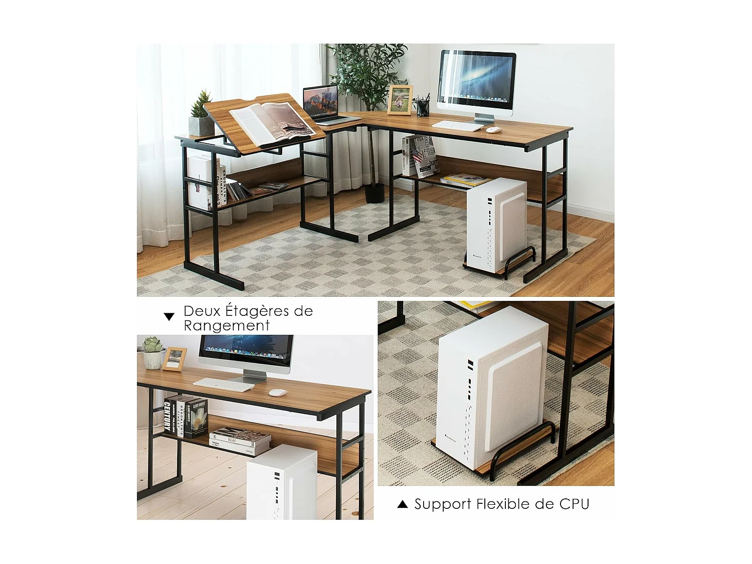 Bureau d'Ordinateur d'angle 170 x 150 cm, Table de Bureau avec Plateau Inclinable, Étagère Inférieure, Support UC, Poste de Travail pour Bureau, Studio (Noyer)