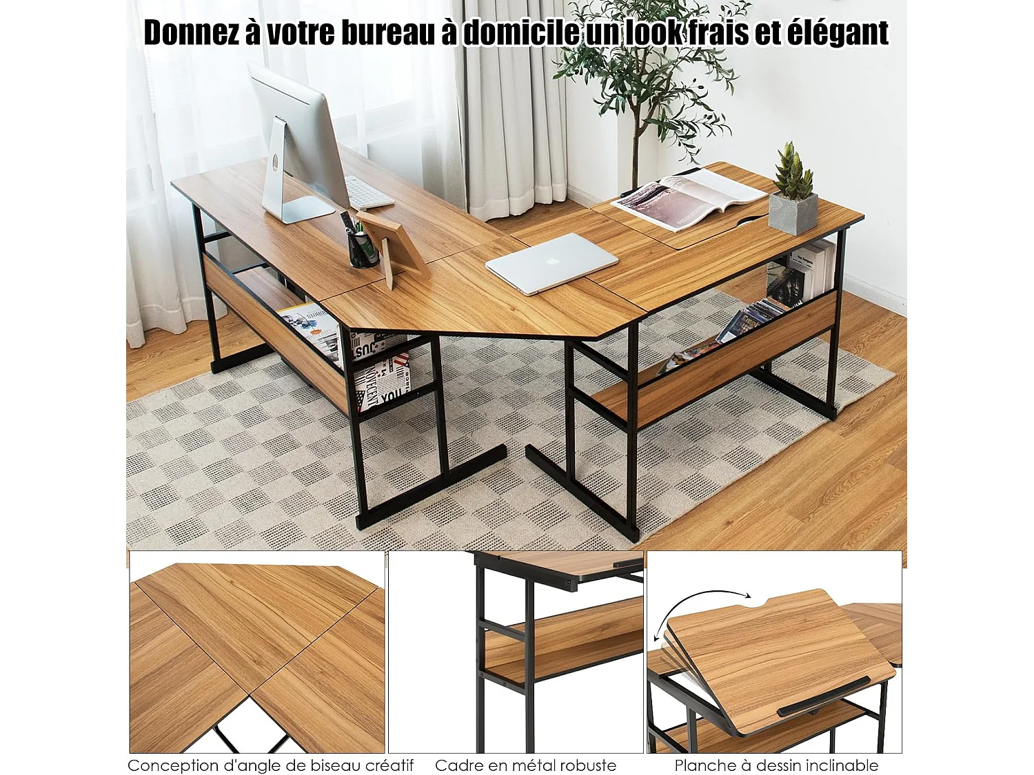 Bureau d'Ordinateur d'angle 170 x 150 cm, Table de Bureau avec Plateau Inclinable, Étagère Inférieure, Support UC, Poste de Travail pour Bureau, Studio (Noyer)