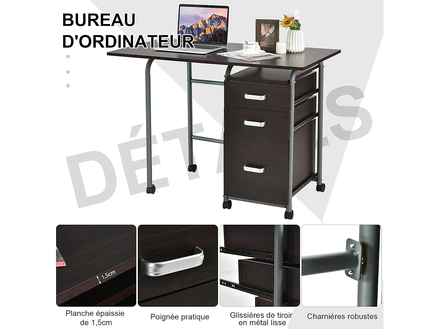 Bureau pour Ordinateur Rabattable avec 3 Tiroirs Coulissants et Roues Verrouillables en Bois Naturel pour Travail Bureau Marron