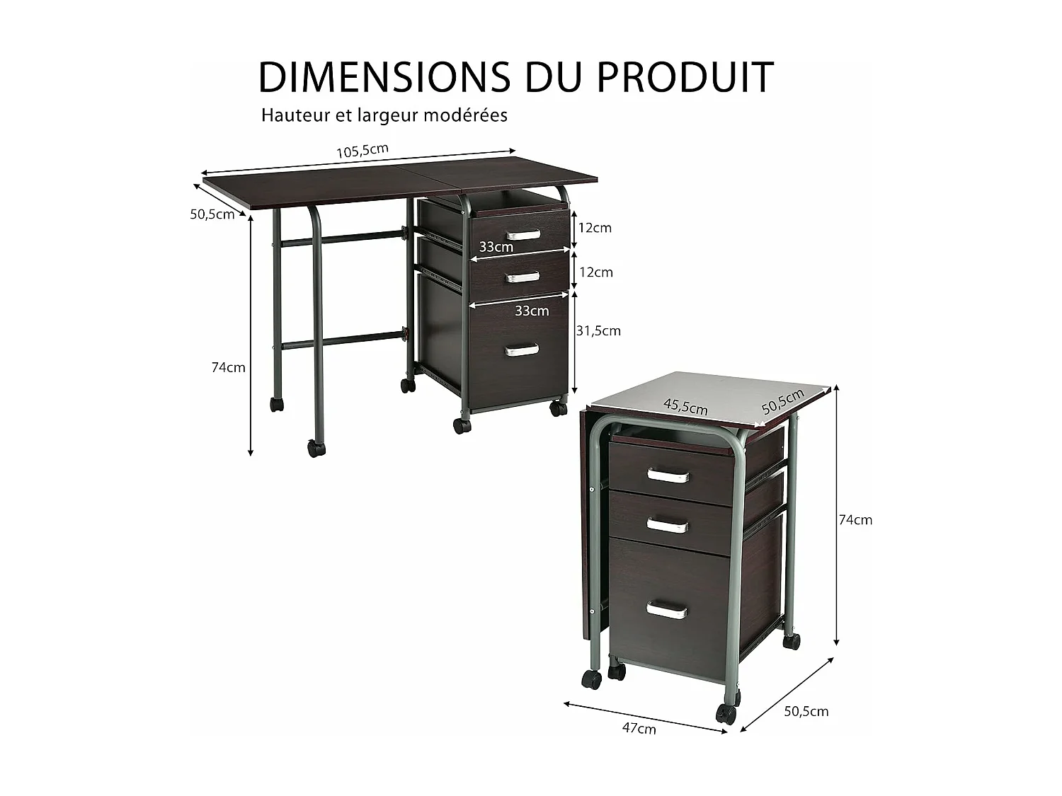 Bureau pour Ordinateur Rabattable avec 3 Tiroirs Coulissants et Roues Verrouillables en Bois Naturel pour Travail Bureau Marron