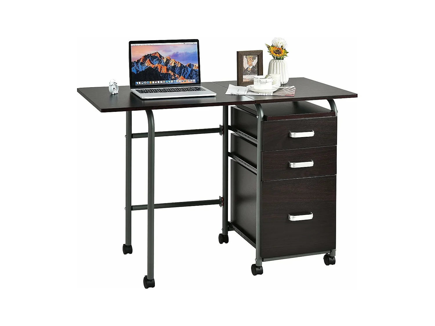 Bureau pour Ordinateur Rabattable avec 3 Tiroirs Coulissants et Roues Verrouillables en Bois Naturel pour Travail Bureau Marron