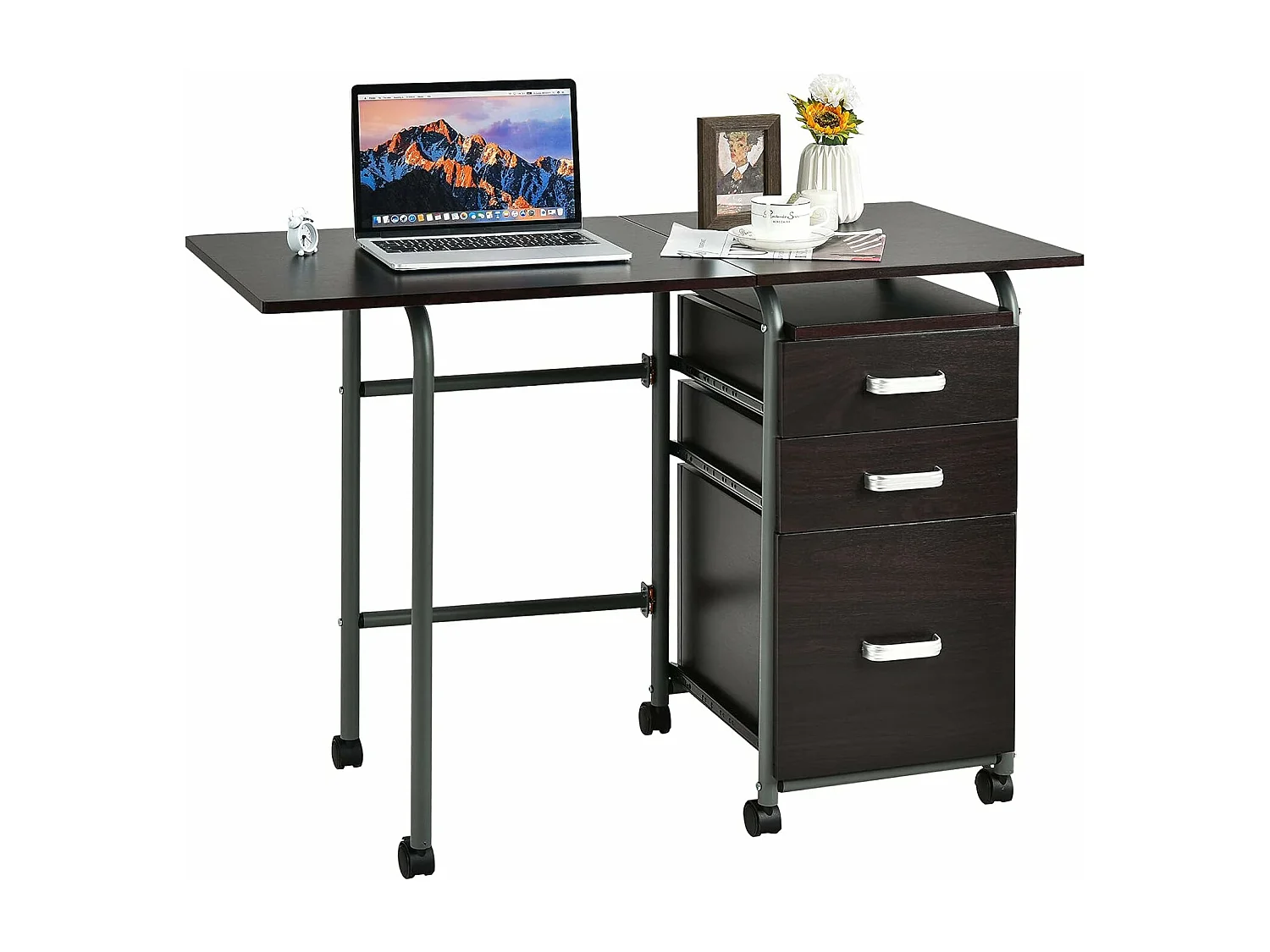 Bureau pour Ordinateur Rabattable avec 3 Tiroirs Coulissants et Roues Verrouillables en Bois Naturel pour Travail Bureau Marron