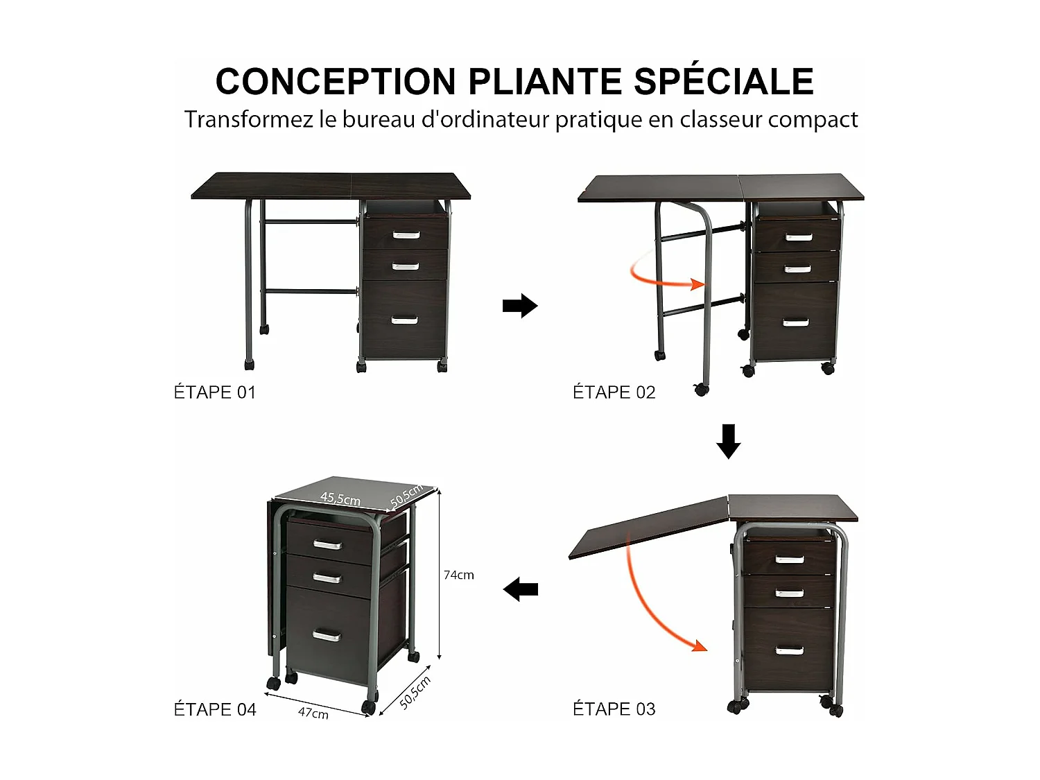 Bureau pour Ordinateur Rabattable avec 3 Tiroirs Coulissants et Roues Verrouillables en Bois Naturel pour Travail Bureau Marron