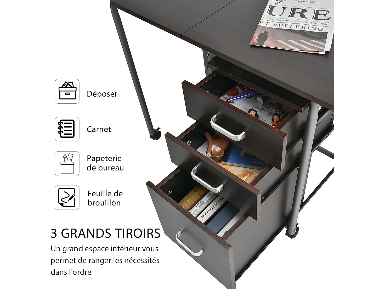 Bureau pour Ordinateur Rabattable avec 3 Tiroirs Coulissants et Roues Verrouillables en Bois Naturel pour Travail Bureau Marron