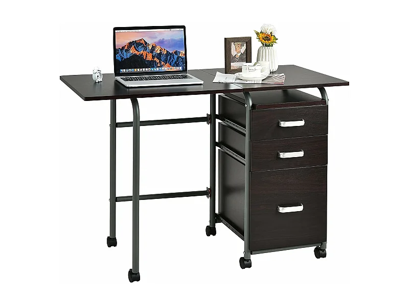 Bureau pour Ordinateur Rabattable avec 3 Tiroirs Coulissants et Roues Verrouillables en Bois Naturel pour Travail Bureau Marron