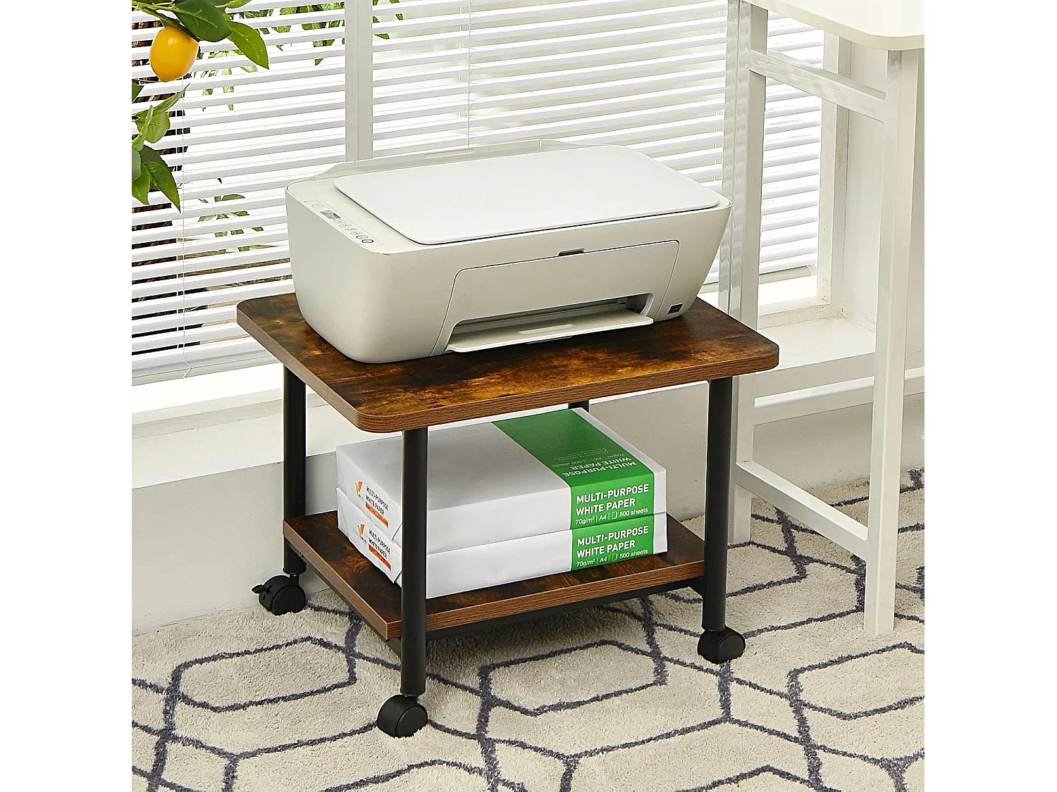 Support d'Imprimante à Roulette à 2 Niveaux, Etagère Rangement à Multi-Fonction pour Maison,Bureau 49 x 40 x 37 CM