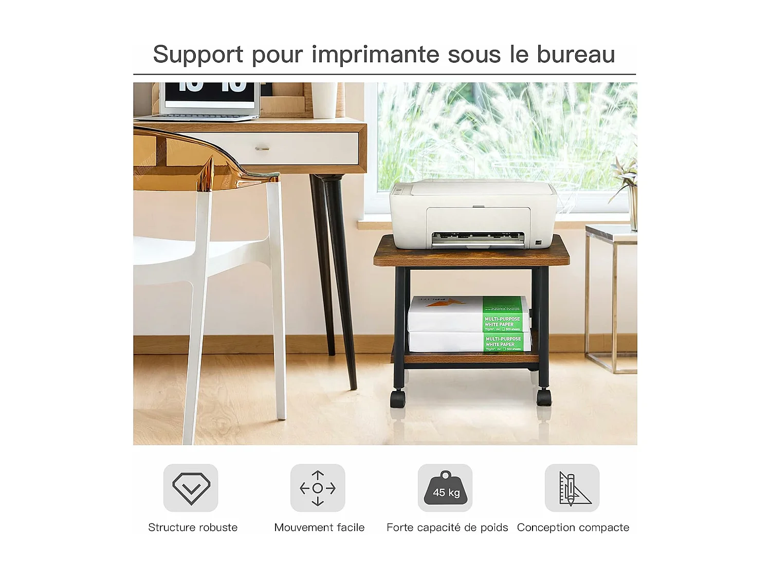 Support d'Imprimante à Roulette à 2 Niveaux, Etagère Rangement à Multi-Fonction pour Maison,Bureau 49 x 40 x 37 CM