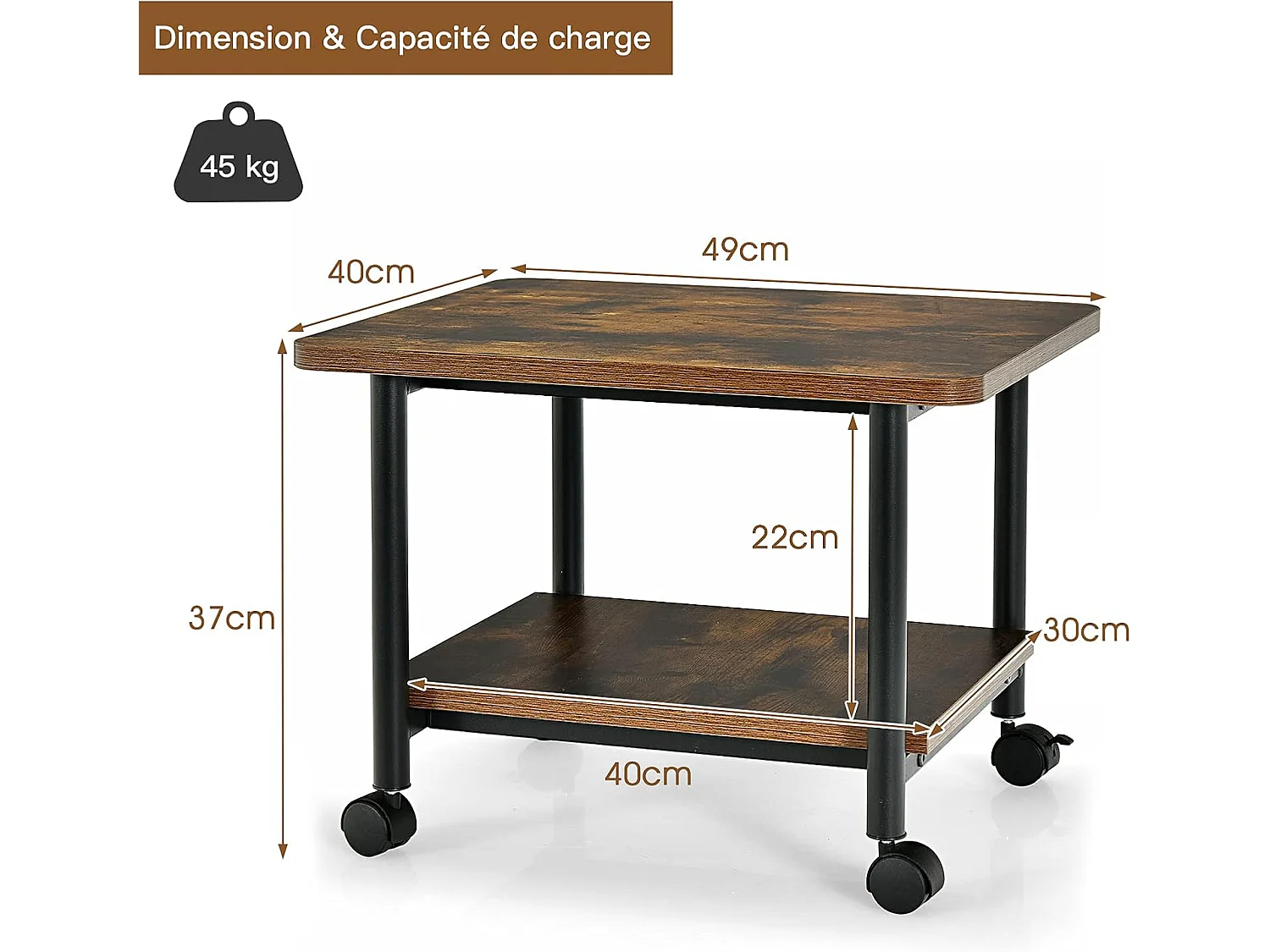 Support d'Imprimante à Roulette à 2 Niveaux, Etagère Rangement à Multi-Fonction pour Maison,Bureau 49 x 40 x 37 CM