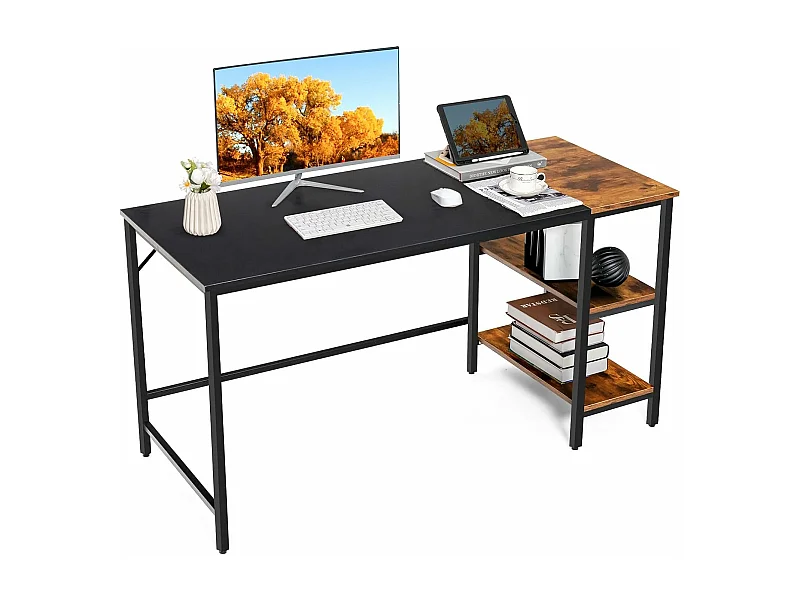 Bureau d'Ordinateur, Bureau avec Étagères de Rangement, Table Informatique avec Panneau d'Épissure, Cadre en Acier, Style Industriel, 140 X 60 X 74 cm (Noir)