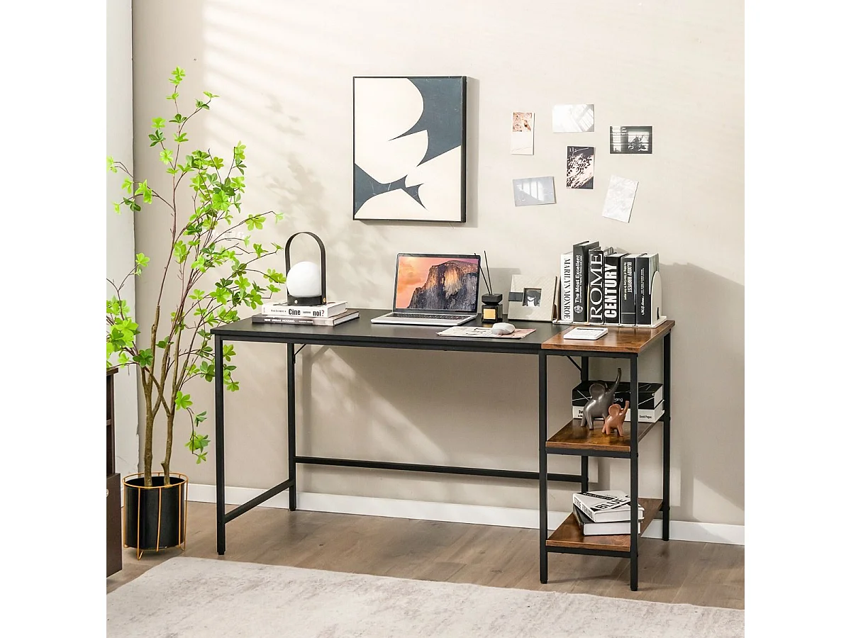 Bureau d'Ordinateur, Bureau avec Étagères de Rangement, Table Informatique avec Panneau d'Épissure, Cadre en Acier, Style Industriel, 140 X 60 X 74 cm (Noir)