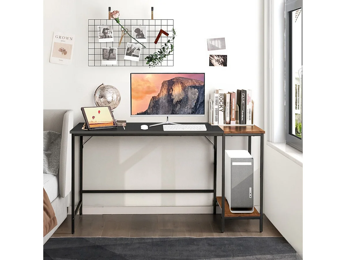 Bureau d'Ordinateur, Bureau avec Étagères de Rangement, Table Informatique avec Panneau d'Épissure, Cadre en Acier, Style Industriel, 140 X 60 X 74 cm (Noir)