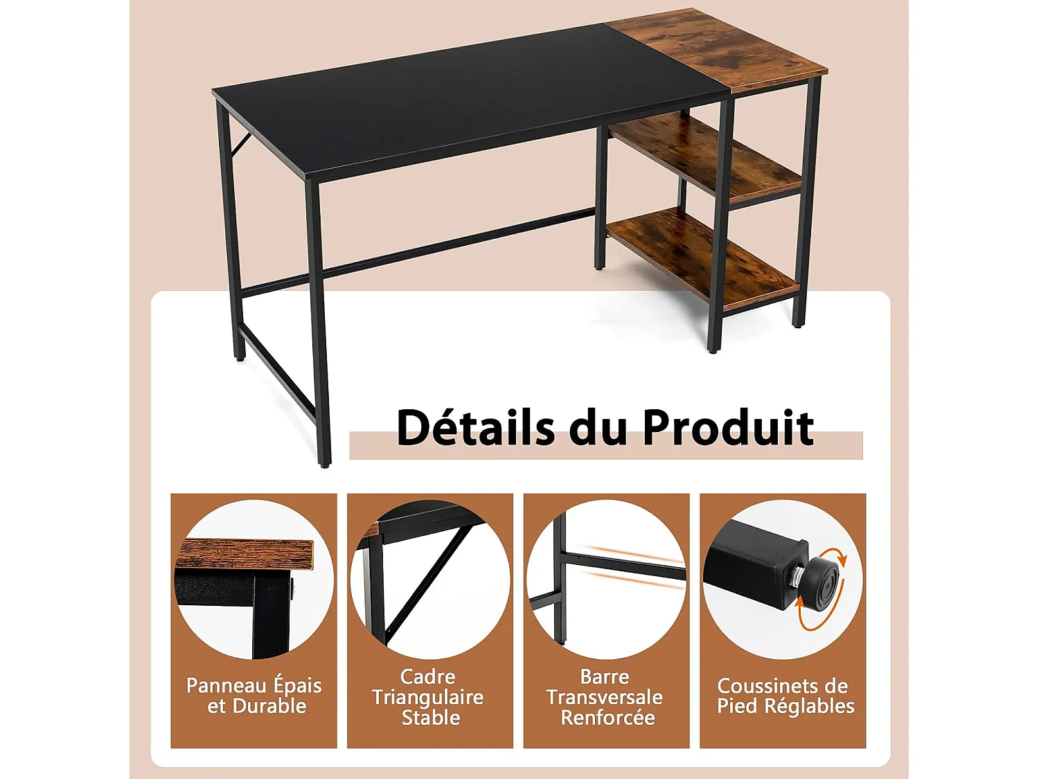 Bureau d'Ordinateur, Bureau avec Étagères de Rangement, Table Informatique avec Panneau d'Épissure, Cadre en Acier, Style Industriel, 140 X 60 X 74 cm (Noir)