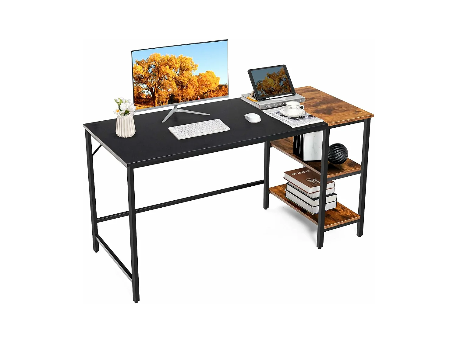 Bureau d'Ordinateur, Bureau avec Étagères de Rangement, Table Informatique avec Panneau d'Épissure, Cadre en Acier, Style Industriel, 140 X 60 X 74 cm (Noir)