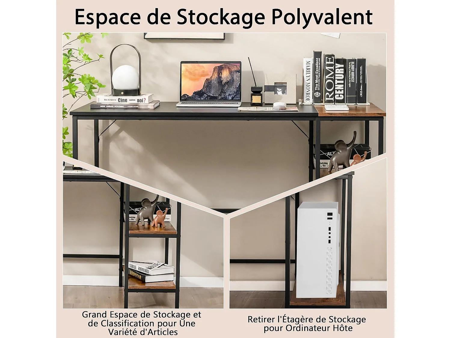 Computerbureau, bureau met opbergplanken, computertafel met splitspaneel, stalen frame, industriële stijl, 140 x 60 x 74 cm (zwart)