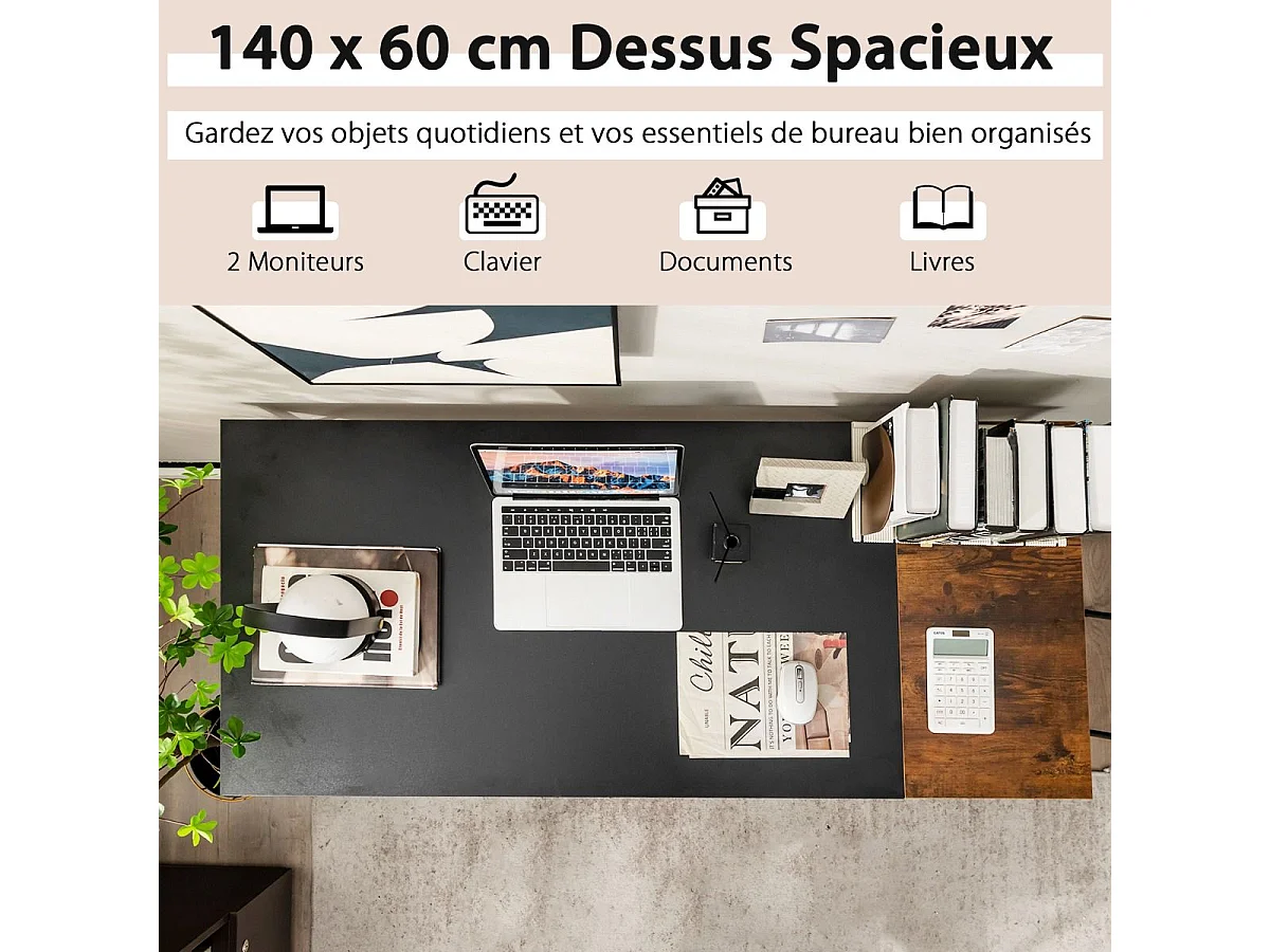 Computerbureau, bureau met opbergplanken, computertafel met splitspaneel, stalen frame, industriële stijl, 140 x 60 x 74 cm (zwart)