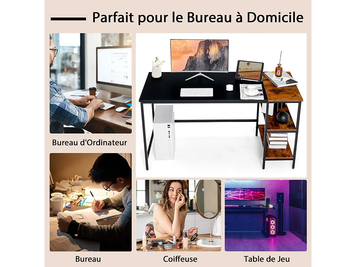 Computerbureau, bureau met opbergplanken, computertafel met splitspaneel, stalen frame, industriële stijl, 140 x 60 x 74 cm (zwart)