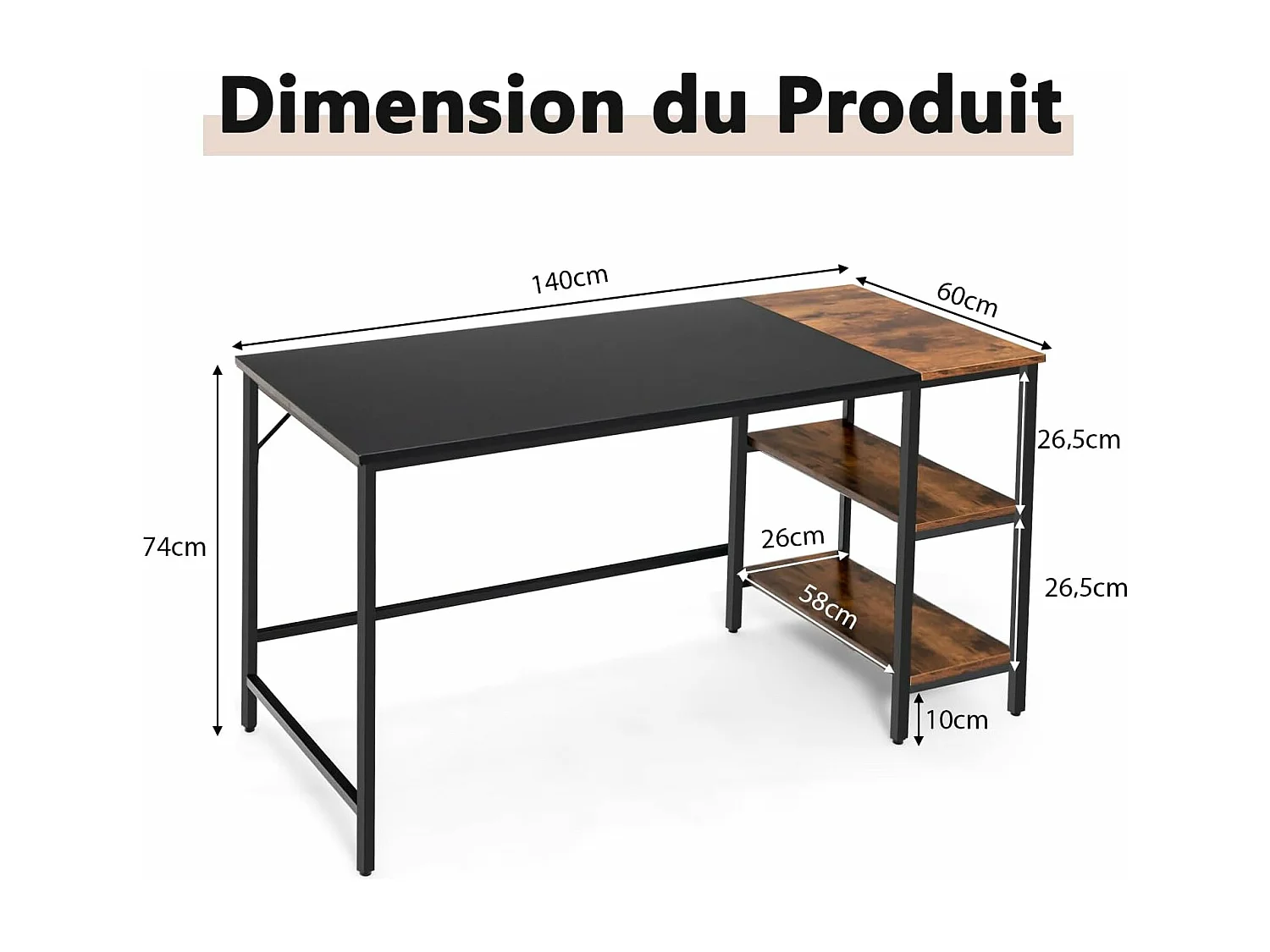 Computerbureau, bureau met opbergplanken, computertafel met splitspaneel, stalen frame, industriële stijl, 140 x 60 x 74 cm (zwart)