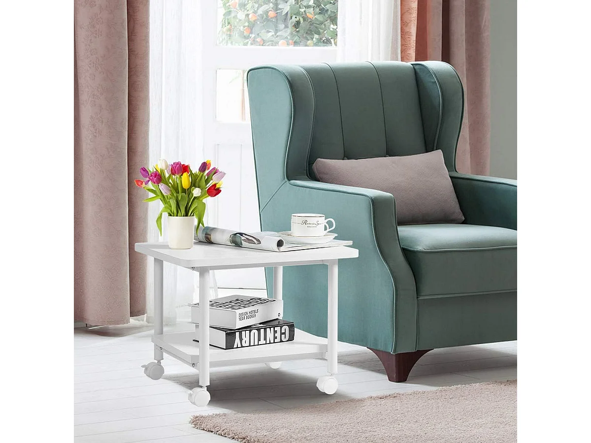 Support d'Imprimante à Roulette à 2 Niveaux, Etagère Rangement à Multi-Fonction pour Maison,Bureau Blanc