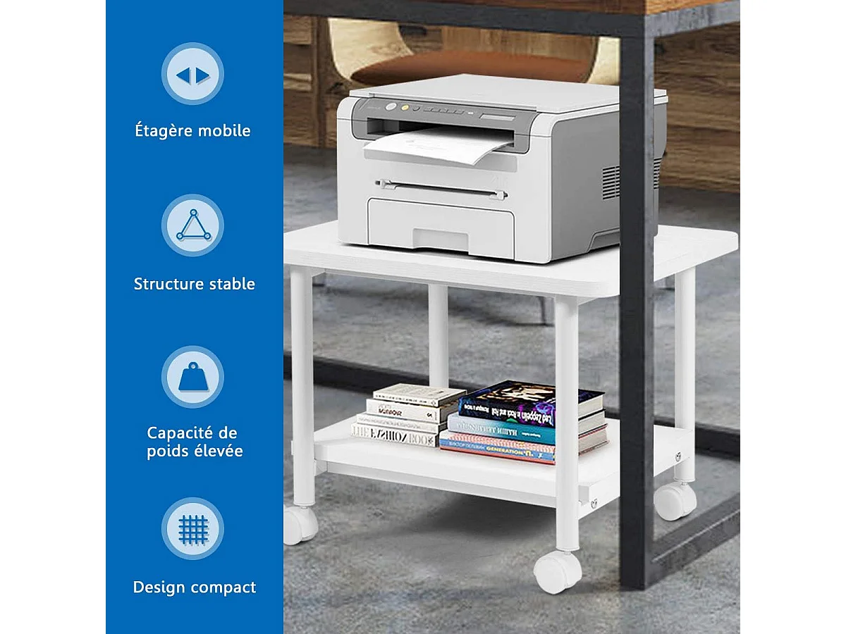 Support d'Imprimante à Roulette à 2 Niveaux, Etagère Rangement à Multi-Fonction pour Maison,Bureau Blanc