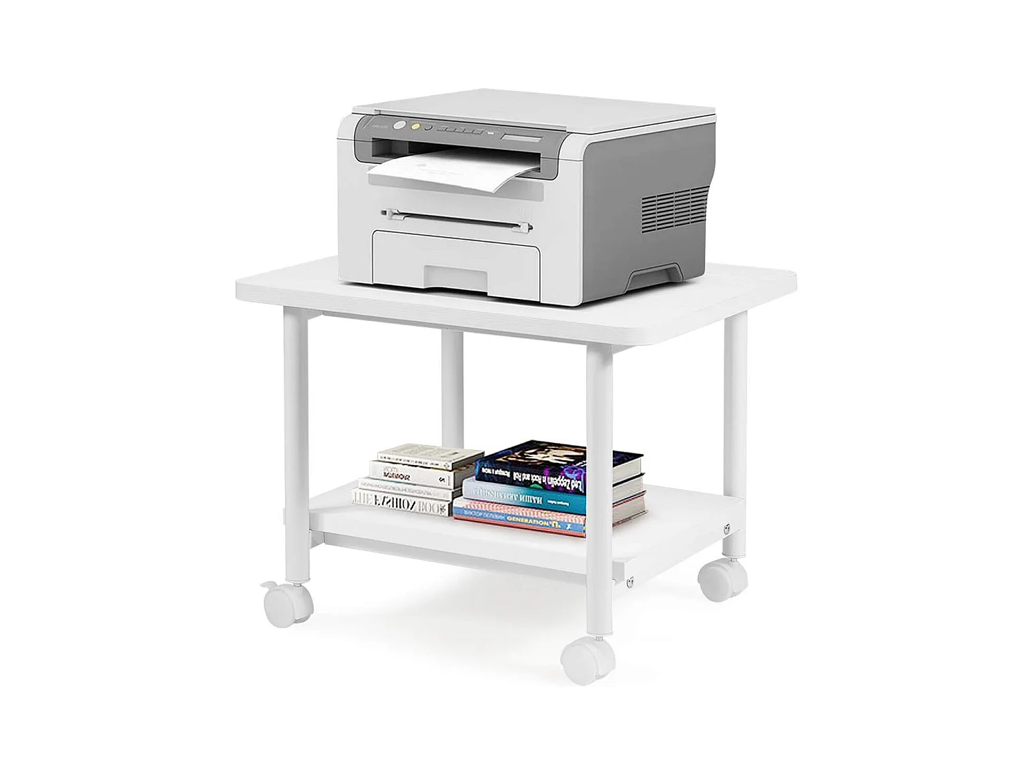 Support d'Imprimante à Roulette à 2 Niveaux, Etagère Rangement à Multi-Fonction pour Maison,Bureau Blanc