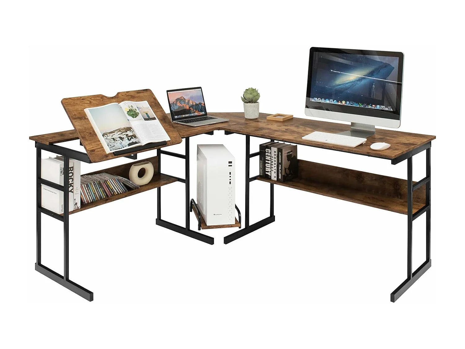 Bureau d'Ordinateur d'angle 170 x 150 cm, Table de Bureau avec Plateau Inclinable, Étagère Inférieure, Support UC, Poste de Travail pour Bureau, Studio (Marron)