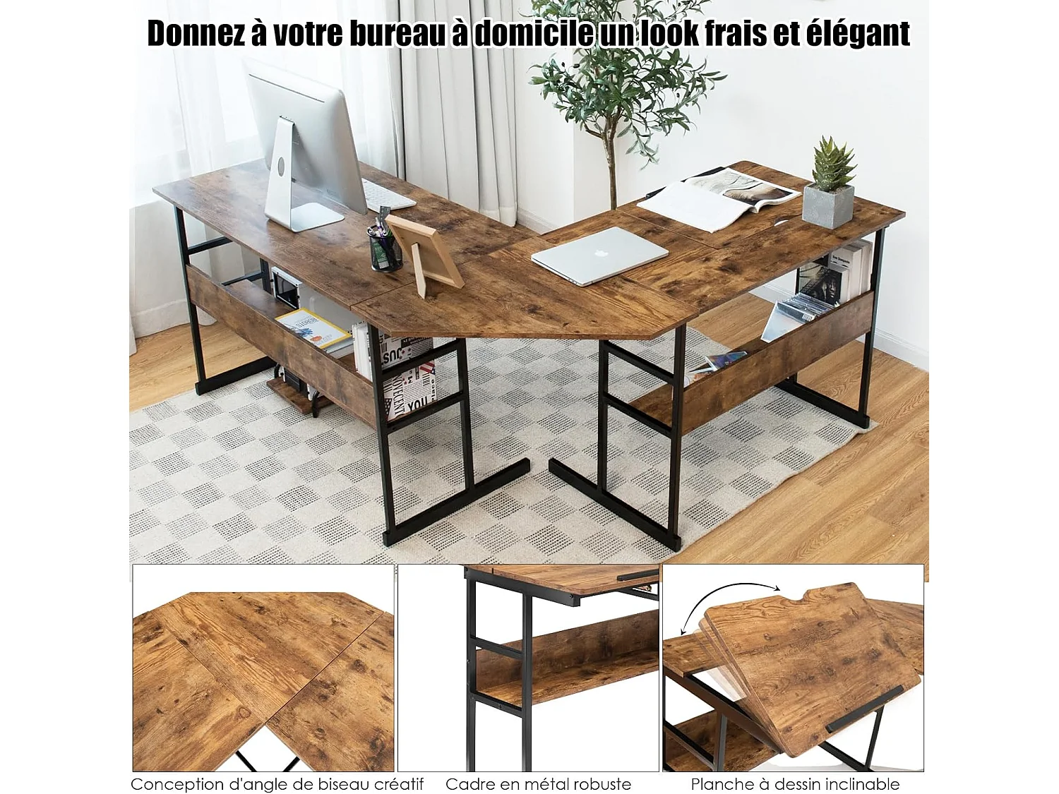 Bureau d'Ordinateur d'angle 170 x 150 cm, Table de Bureau avec Plateau Inclinable, Étagère Inférieure, Support UC, Poste de Travail pour Bureau, Studio (Marron)