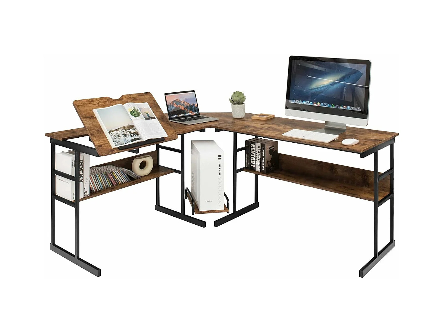 Bureau d'Ordinateur d'angle 170 x 150 cm, Table de Bureau avec Plateau Inclinable, Étagère Inférieure, Support UC, Poste de Travail pour Bureau, Studio (Marron)