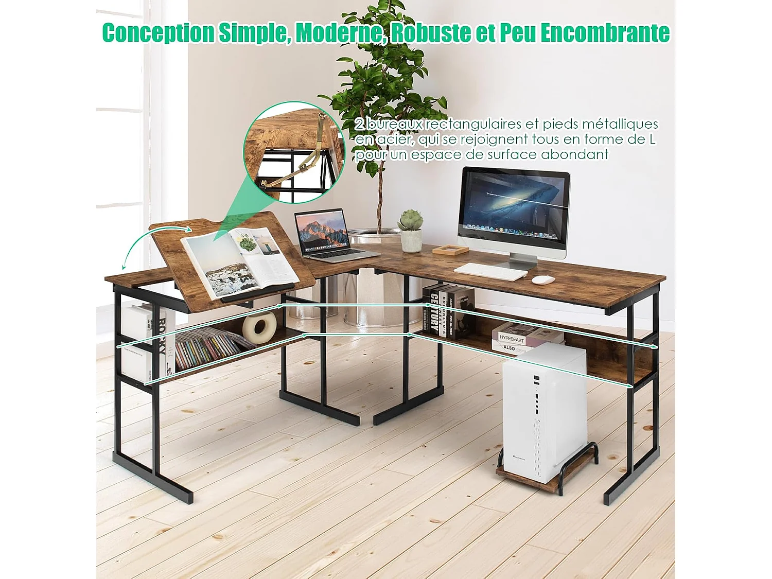 Bureau d'Ordinateur d'angle 170 x 150 cm, Table de Bureau avec Plateau Inclinable, Étagère Inférieure, Support UC, Poste de Travail pour Bureau, Studio (Marron)