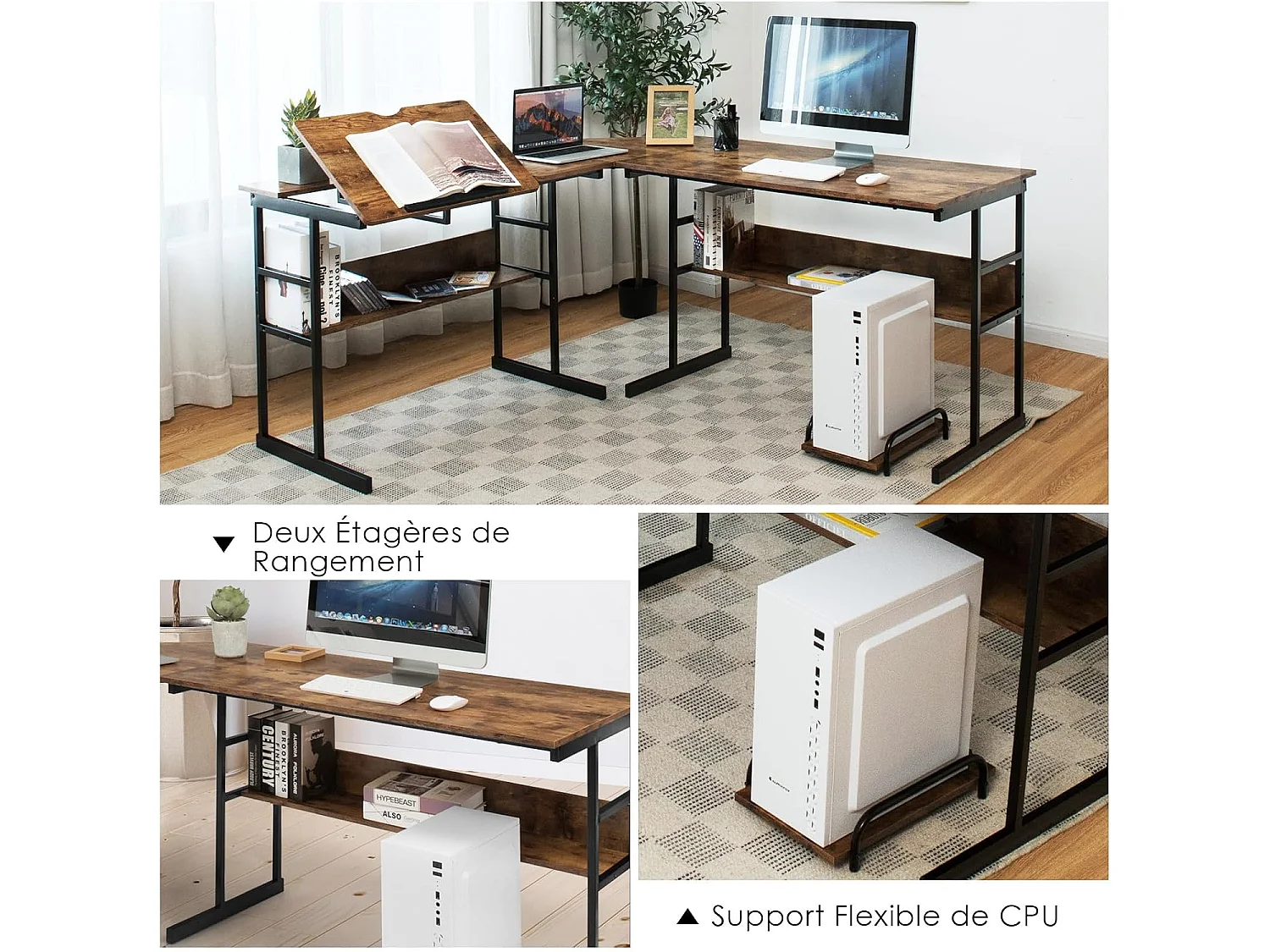 Bureau d'Ordinateur d'angle 170 x 150 cm, Table de Bureau avec Plateau Inclinable, Étagère Inférieure, Support UC, Poste de Travail pour Bureau, Studio (Marron)