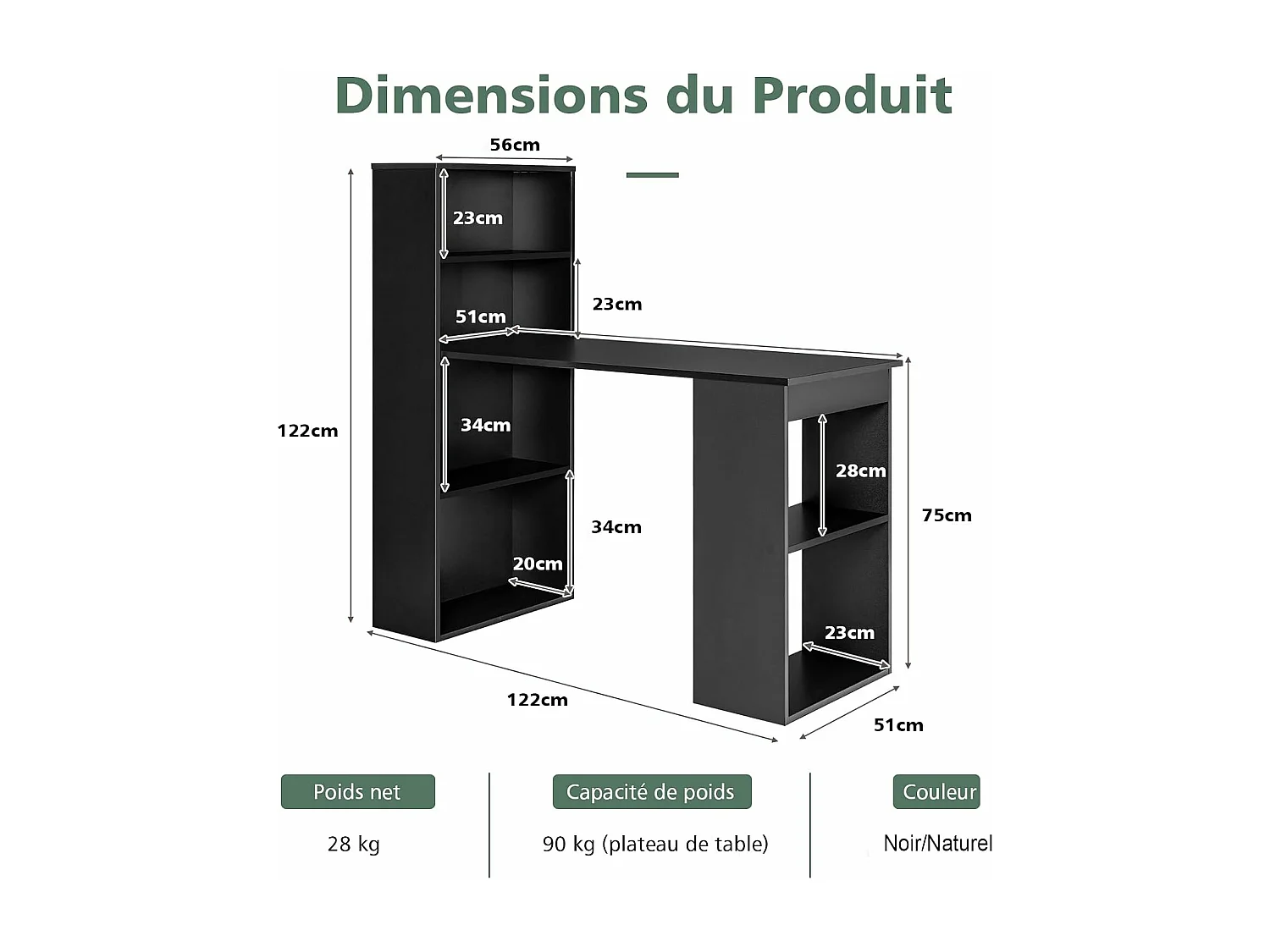 Bureau d'Ordinateur Réversible avec Bibliothèque, Poste de Travail Moderne avec Étagères de Rangement à 6 Niveaux, Assemblage Facile, pour Maison, Bureaux (Noir)