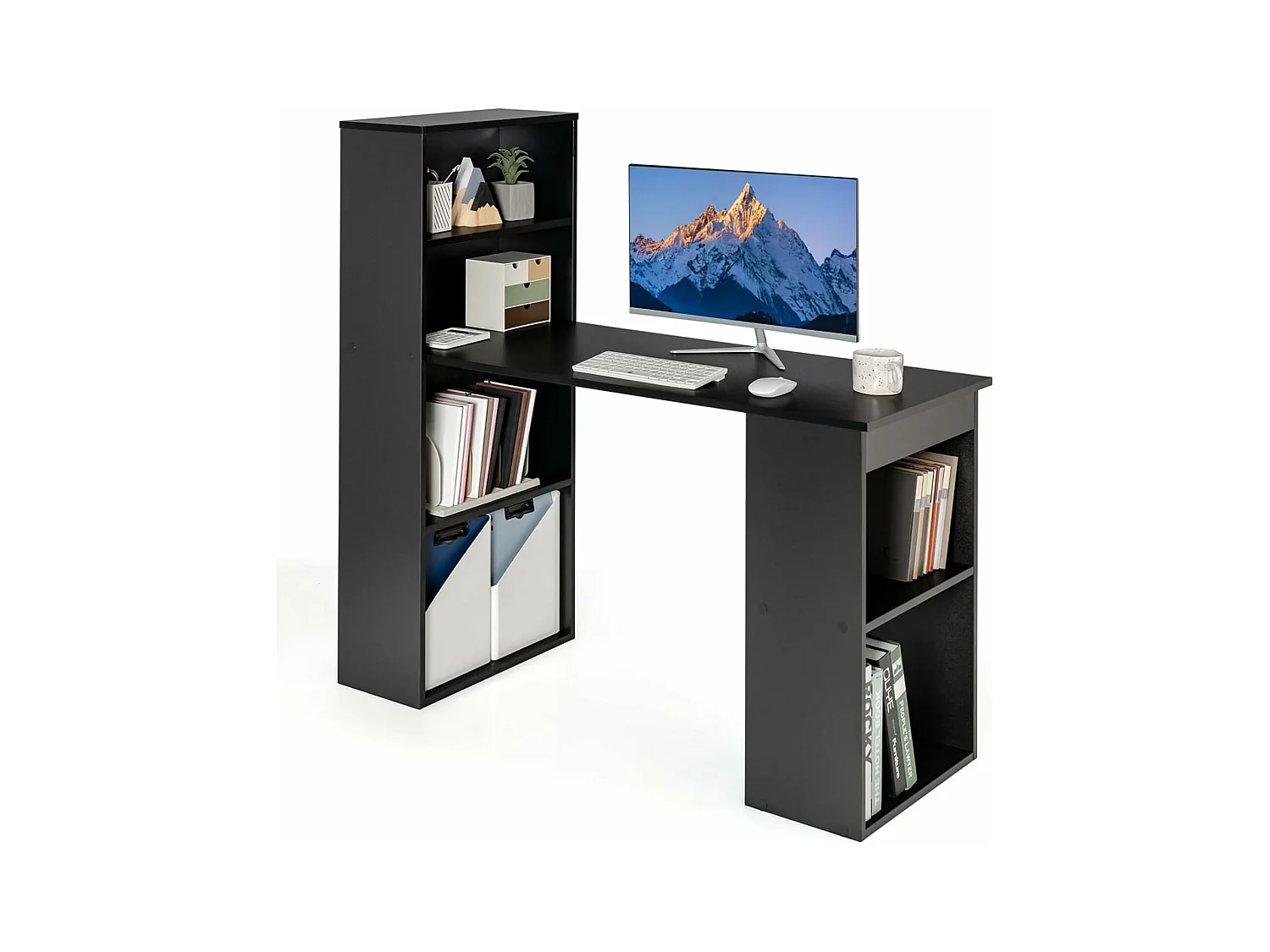 Bureau d'Ordinateur Réversible avec Bibliothèque, Poste de Travail Moderne avec Étagères de Rangement à 6 Niveaux, Assemblage Facile, pour Maison, Bureaux (Noir)