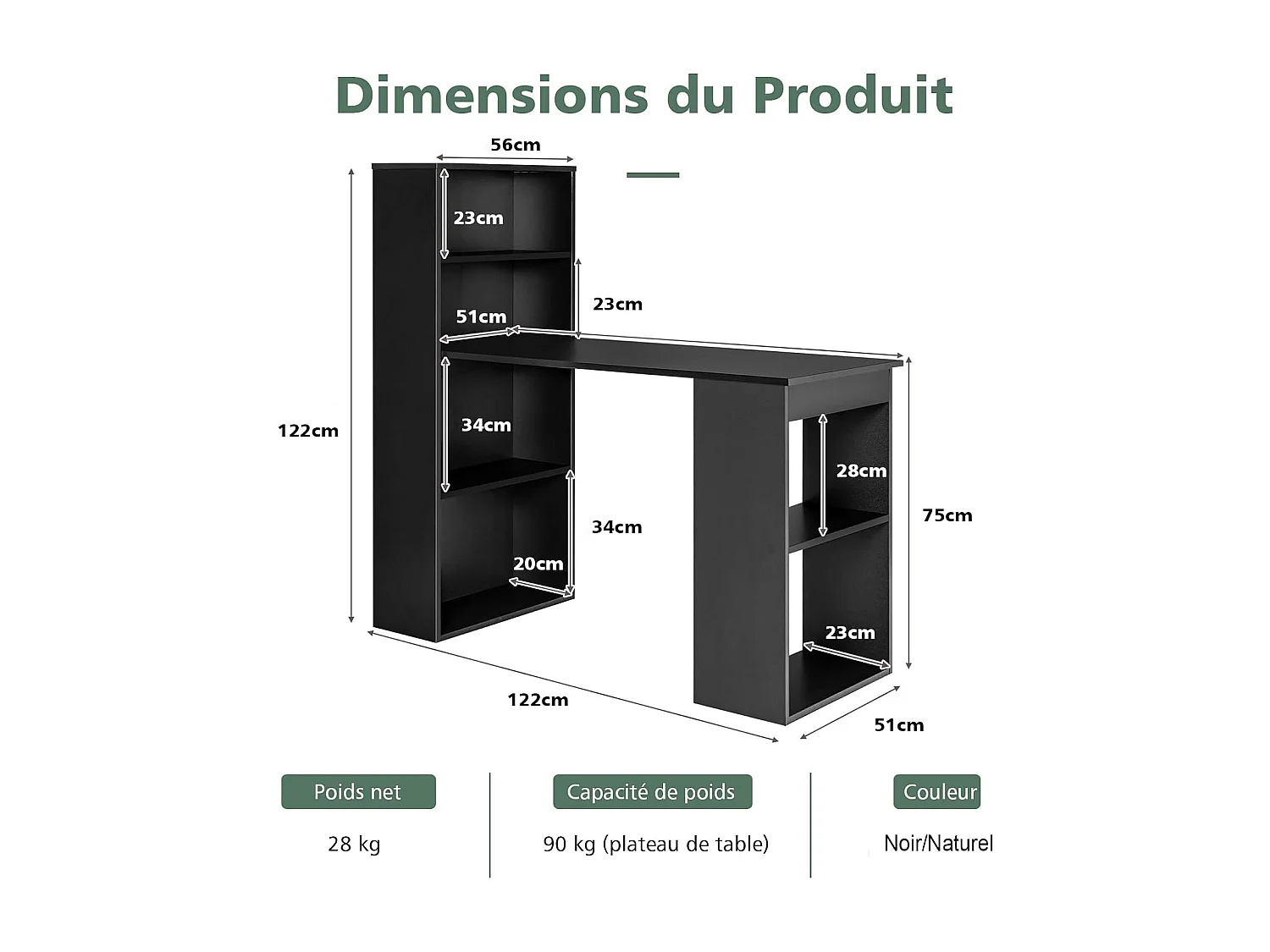 Bureau d'Ordinateur Réversible avec Bibliothèque, Poste de Travail Moderne avec Étagères de Rangement à 6 Niveaux, Assemblage Facile, pour Maison, Bureaux (Noir)