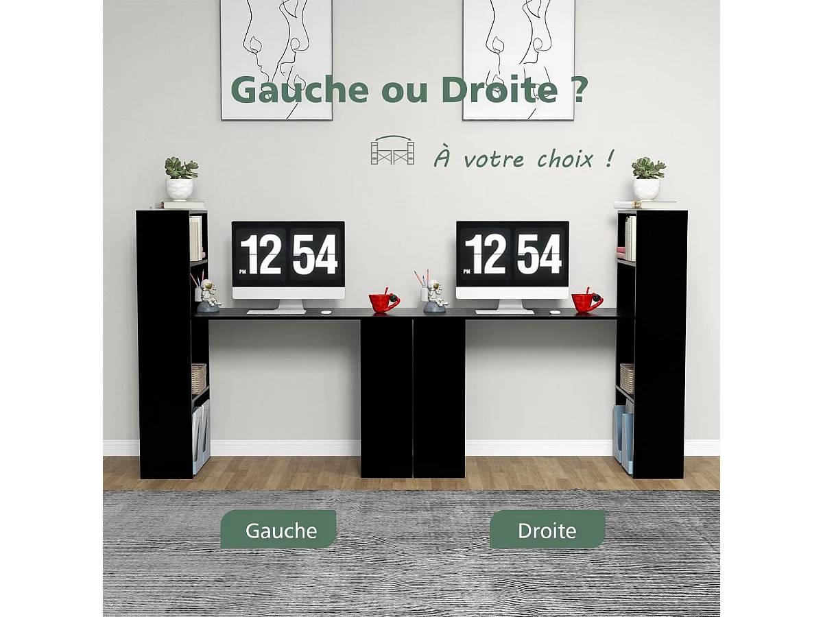 Bureau d'Ordinateur Réversible avec Bibliothèque, Poste de Travail Moderne avec Étagères de Rangement à 6 Niveaux, Assemblage Facile, pour Maison, Bureaux (Noir)