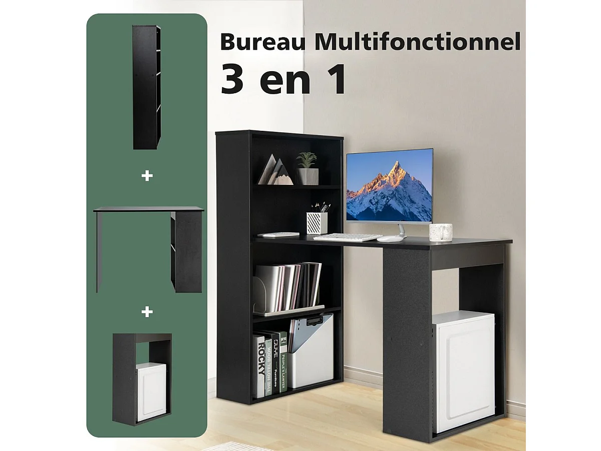 Bureau d'Ordinateur Réversible avec Bibliothèque, Poste de Travail Moderne avec Étagères de Rangement à 6 Niveaux, Assemblage Facile, pour Maison, Bureaux (Noir)