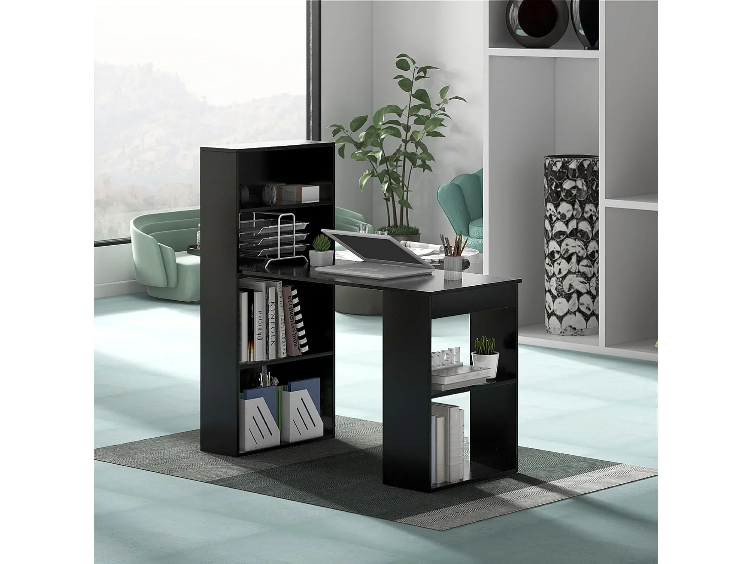 Bureau d'Ordinateur Réversible avec Bibliothèque, Poste de Travail Moderne avec Étagères de Rangement à 6 Niveaux, Assemblage Facile, pour Maison, Bureaux (Noir)