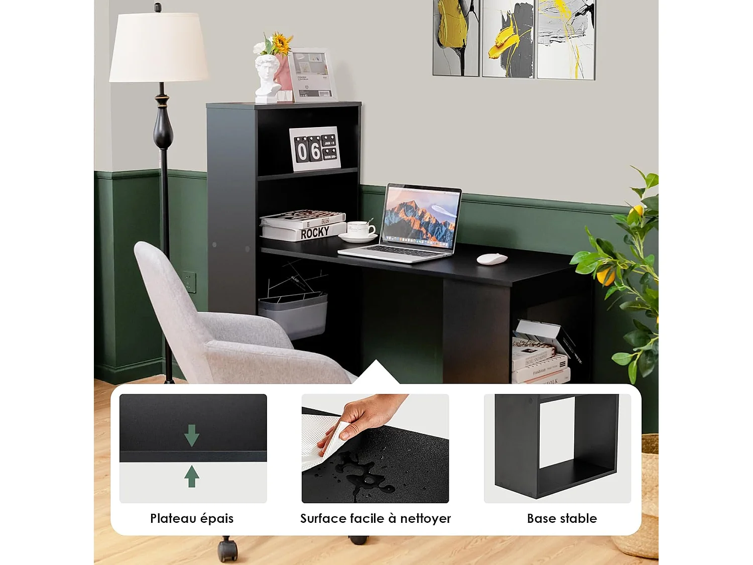 Bureau d'Ordinateur Réversible avec Bibliothèque, Poste de Travail Moderne avec Étagères de Rangement à 6 Niveaux, Assemblage Facile, pour Maison, Bureaux (Noir)