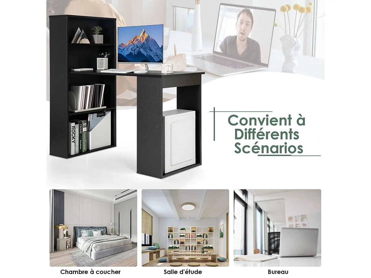 Bureau d'Ordinateur Réversible avec Bibliothèque, Poste de Travail Moderne avec Étagères de Rangement à 6 Niveaux, Assemblage Facile, pour Maison, Bureaux (Noir)