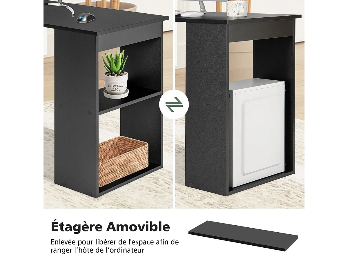 Bureau d'Ordinateur Réversible avec Bibliothèque, Poste de Travail Moderne avec Étagères de Rangement à 6 Niveaux, Assemblage Facile, pour Maison, Bureaux (Noir)