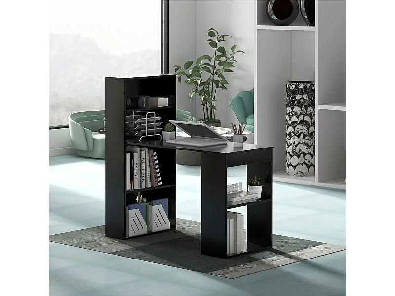 Bureau d'Ordinateur Réversible avec Bibliothèque, Poste de Travail Moderne avec Étagères de Rangement à 6 Niveaux, Assemblage Facile, pour Maison, Bureaux (Noir)