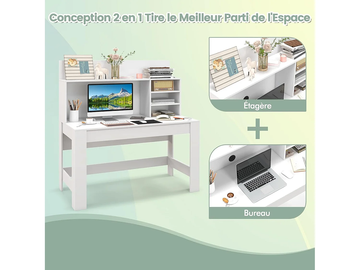 Bureau d'Ordinateur, Table de Travail avec Étagères de Rangement et Passe-câbles, Bureau Moderne pour Ordinateur Portable, Bureau Informatique (Blanc)