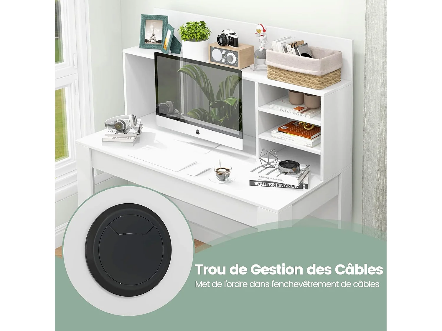 Bureau d'Ordinateur, Table de Travail avec Étagères de Rangement et Passe-câbles, Bureau Moderne pour Ordinateur Portable, Bureau Informatique (Blanc)