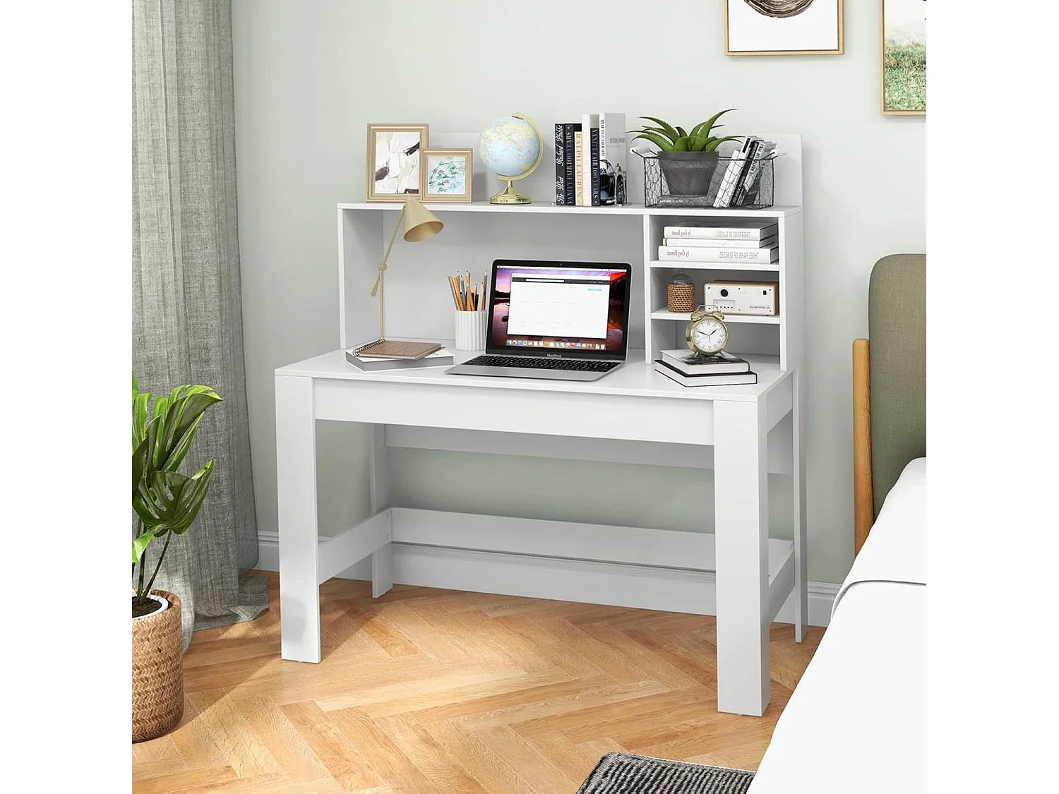 Computerbureau, werktafel met opbergvakken en kabelmanagement, modern laptopbureau, computerbureau (wit)