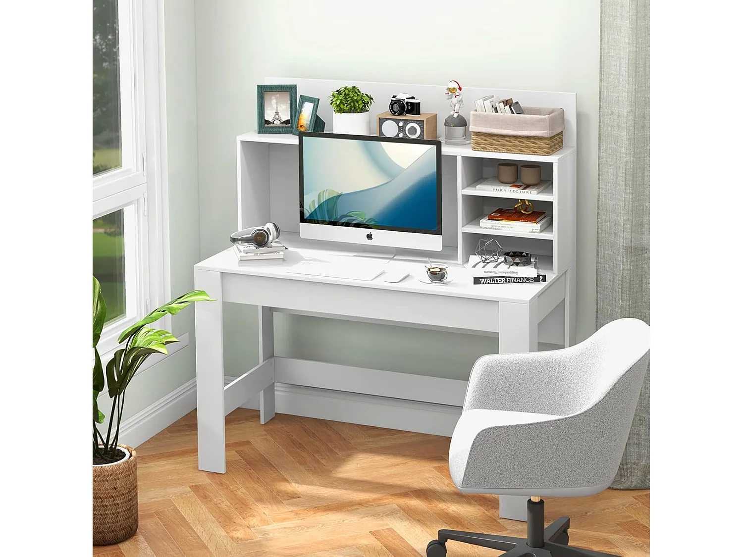 Computerbureau, werktafel met opbergvakken en kabelmanagement, modern laptopbureau, computerbureau (wit)