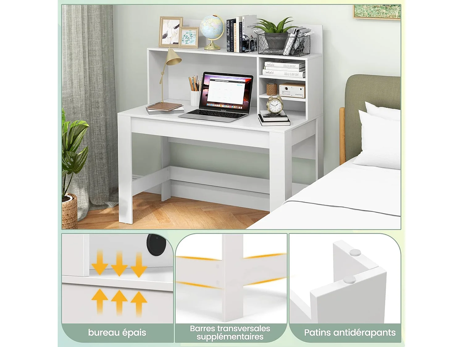 Computerbureau, werktafel met opbergvakken en kabelmanagement, modern laptopbureau, computerbureau (wit)