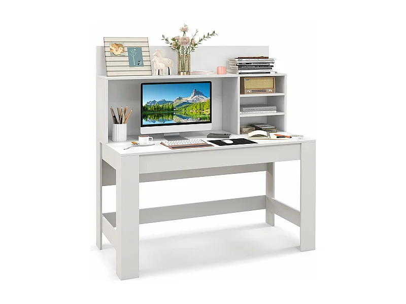 Bureau d'Ordinateur, Table de Travail avec Étagères de Rangement et Passe-câbles, Bureau Moderne pour Ordinateur Portable, Bureau Informatique (Blanc)