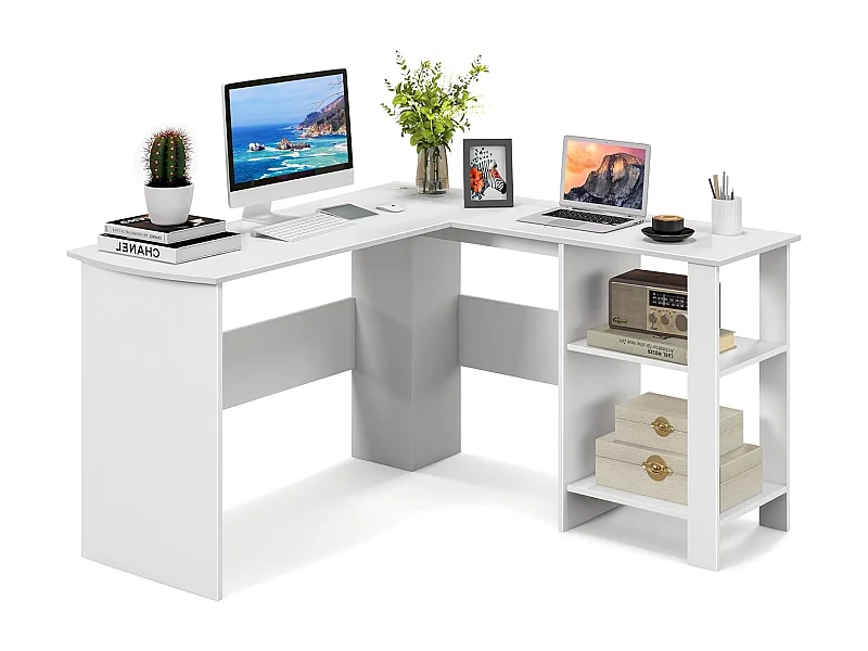 Bureau d'angle en Forme de L, Bureau Informatique avec Étagères de Rangement à 2 Niveaux, 2 Passe-câbles,  130 x 130 x 74 cm, Blanc