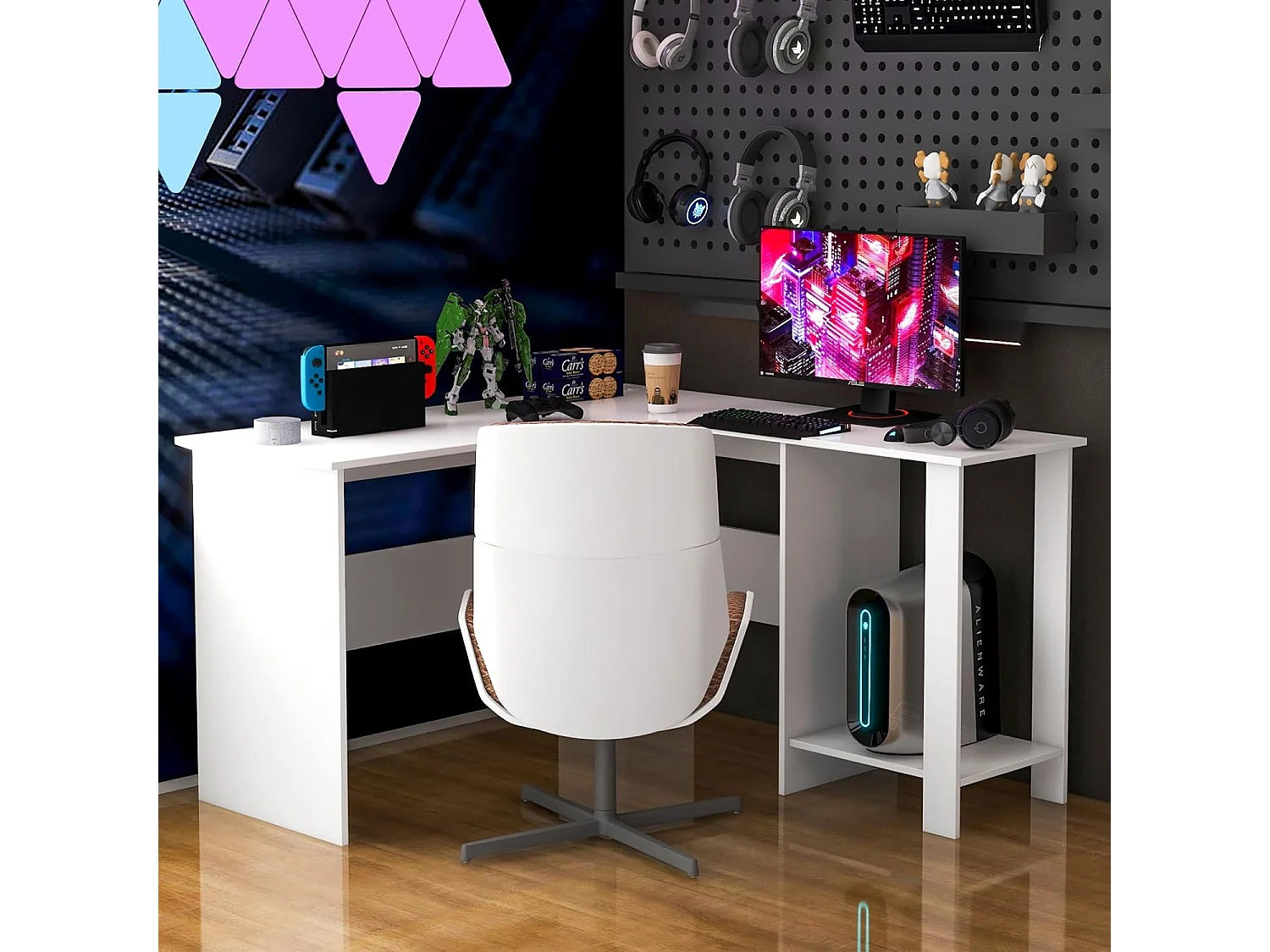 Bureau d'angle en Forme de L, Bureau Informatique avec Étagères de Rangement à 2 Niveaux, 2 Passe-câbles,  130 x 130 x 74 cm, Blanc