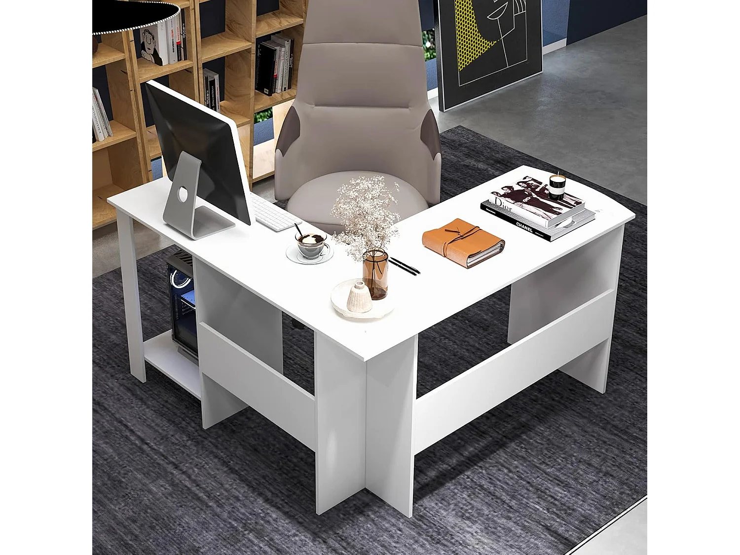 Bureau d'angle en Forme de L, Bureau Informatique avec Étagères de Rangement à 2 Niveaux, 2 Passe-câbles,  130 x 130 x 74 cm, Blanc