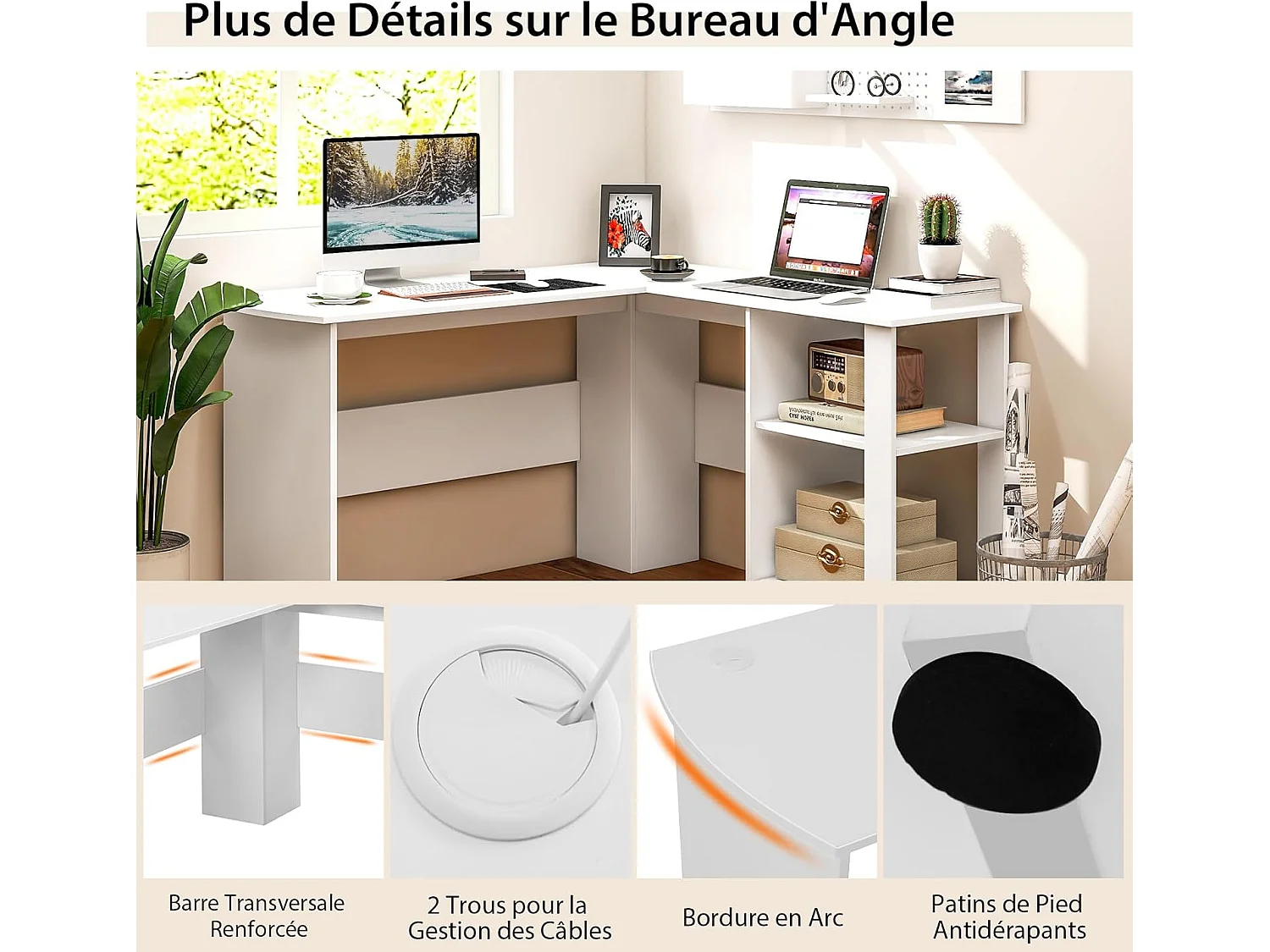 Bureau d'angle en Forme de L, Bureau Informatique avec Étagères de Rangement à 2 Niveaux, 2 Passe-câbles,  130 x 130 x 74 cm, Blanc