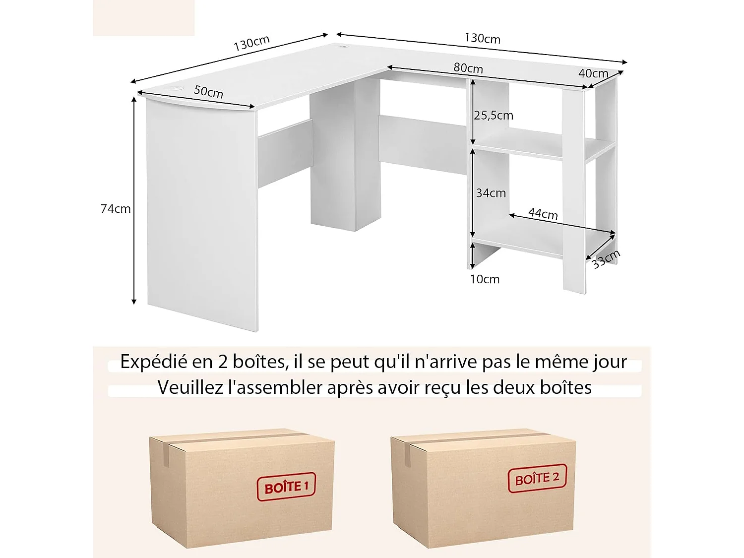 Bureau d'angle en Forme de L, Bureau Informatique avec Étagères de Rangement à 2 Niveaux, 2 Passe-câbles,  130 x 130 x 74 cm, Blanc